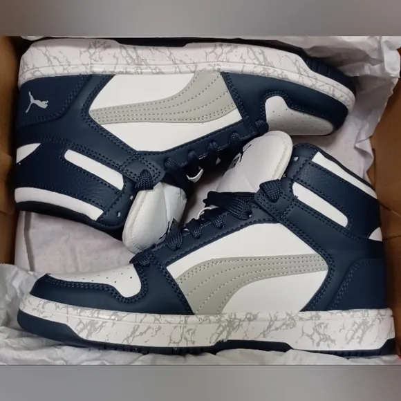 PUMA Rebound Mid Layup Marble Jr, White, Navy and grey, size 4.5C US Kids