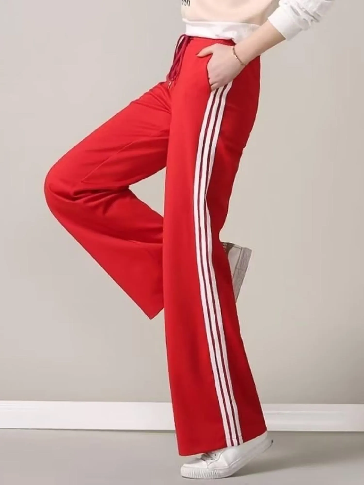 Red Contrast Striped Wide Leg Sweatpants