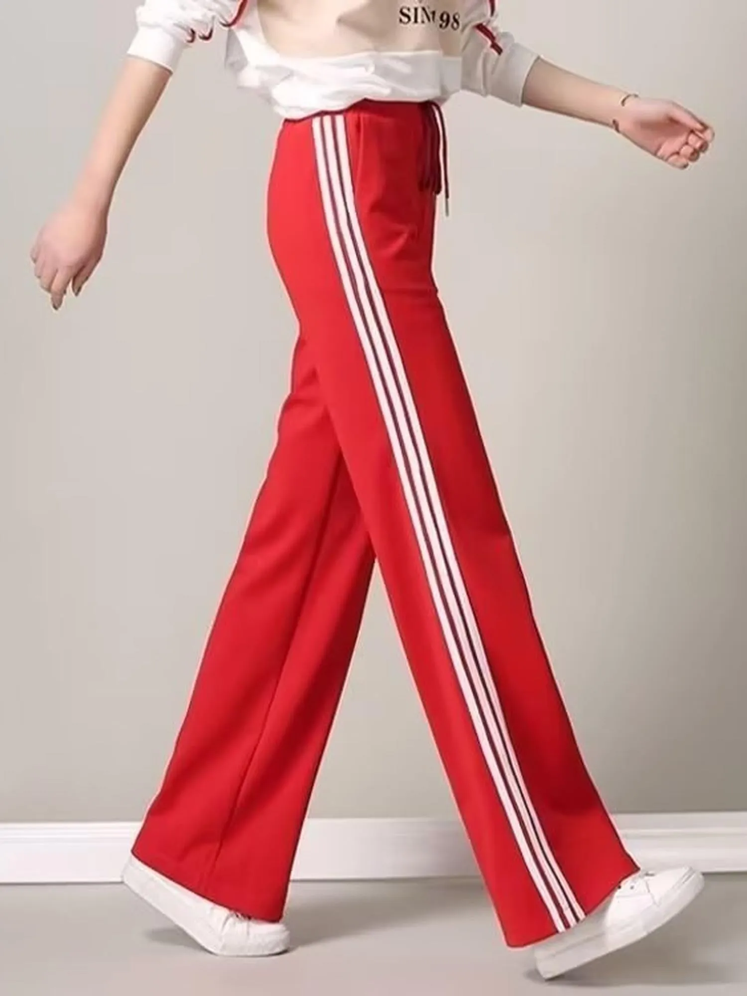 Red Contrast Striped Wide Leg Sweatpants