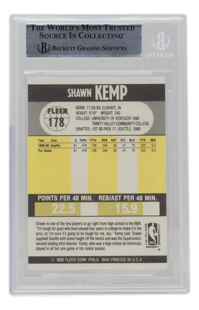 Shawn Kemp Signed 1990 Fleer #178 Seattle Supersonics Basketball BAS
