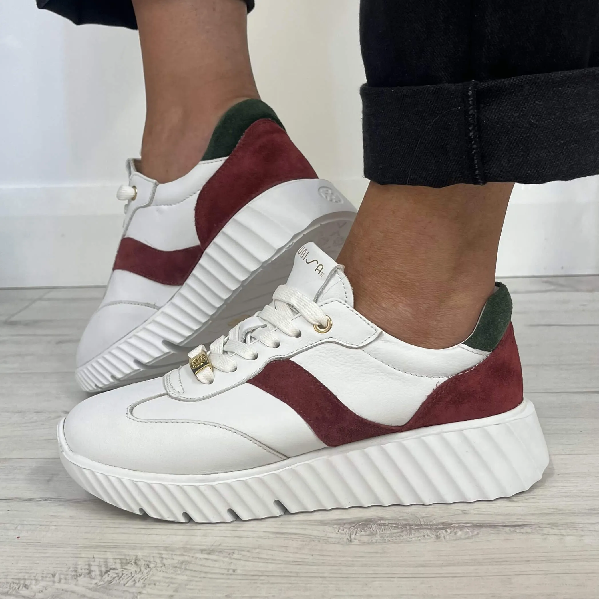 Unisa Efro White & Burgundy Lace Up Sneakers