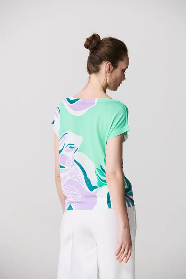 WAVY FLORAL PRINT SHORT SLEEVE SWEATER