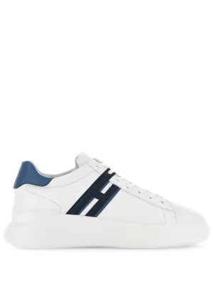 White Leather Sneakers With Navy Accents And Sole