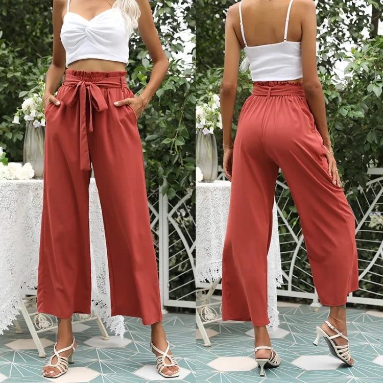 Women Fashion High-Waist Solid Color Cropped Trousers Casual Flared Pants