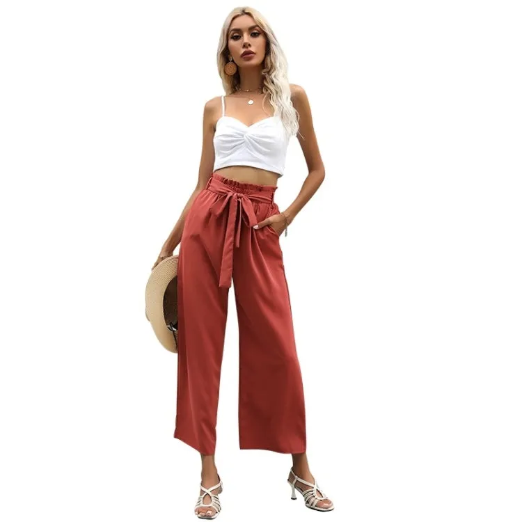 Women Fashion High-Waist Solid Color Cropped Trousers Casual Flared Pants