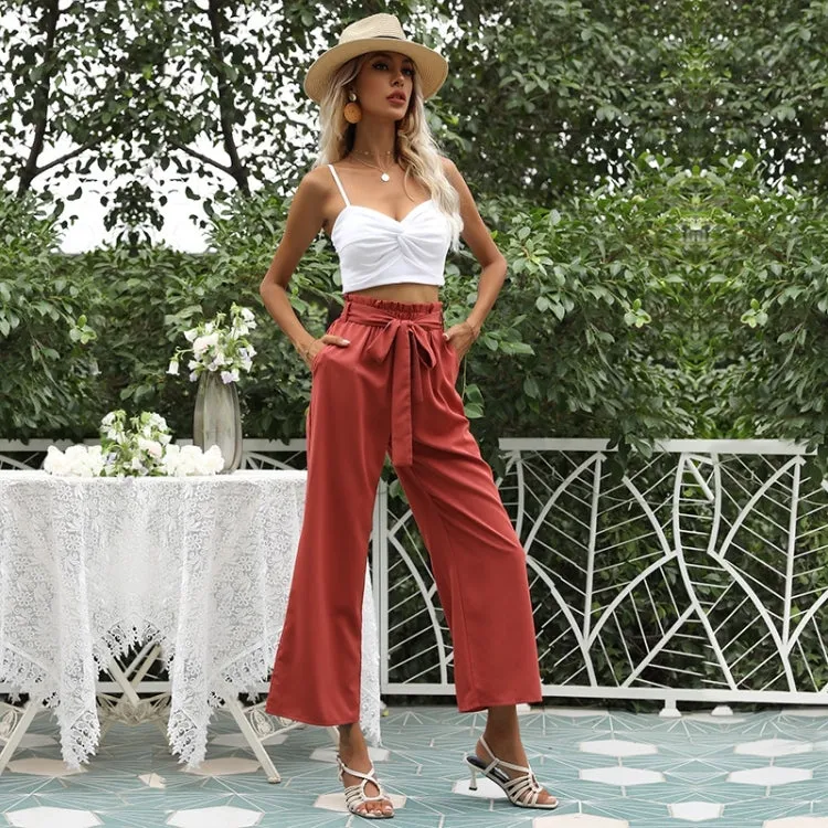 Women Fashion High-Waist Solid Color Cropped Trousers Casual Flared Pants