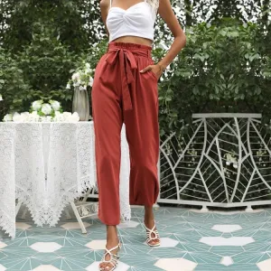 Women Fashion High-Waist Solid Color Cropped Trousers Casual Flared Pants