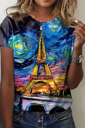 Women's Paris Eiffel Tower Art Print Casual Tee
